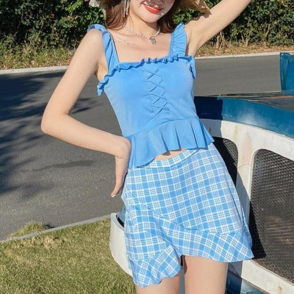 Ruffle Suspenders Two Piece Swimwear