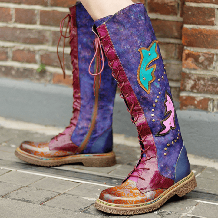 Womens Purple & Burgundy Patchwork Lace-Up Leather Cowboy Boot