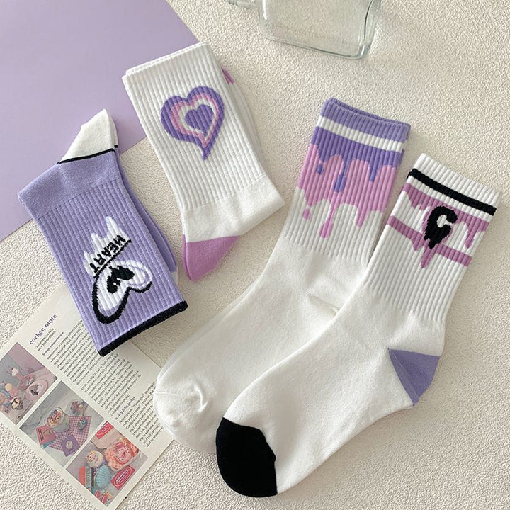 7 Pairs Purple Love Socks Fried Street Mid-tube Socks