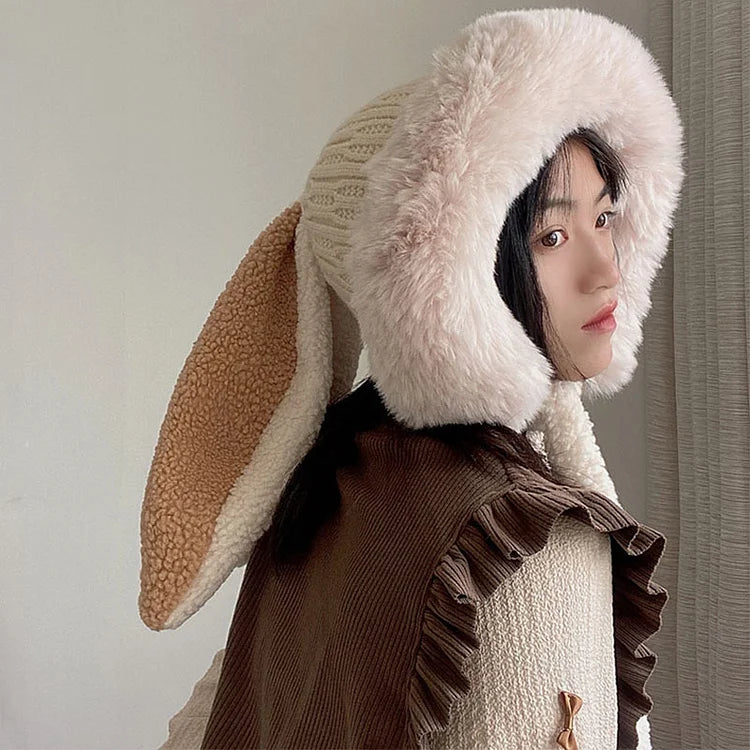 Winter Plush Knitted Beanie Hat Rabbit Ear Hats for Women Girls