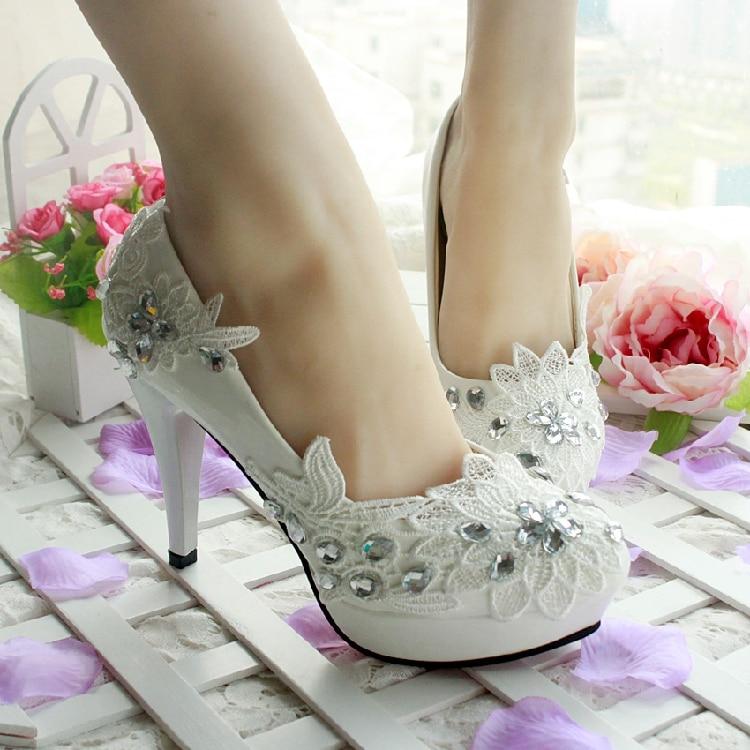 Women Wedding Bridal White High Heels Lace Rhinestone Pumps Shoes