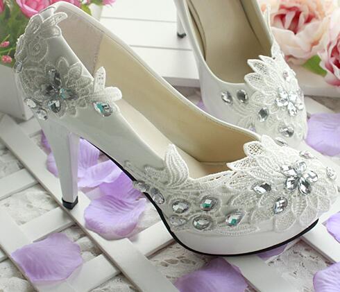 Women Wedding Bridal White High Heels Lace Rhinestone Pumps Shoes