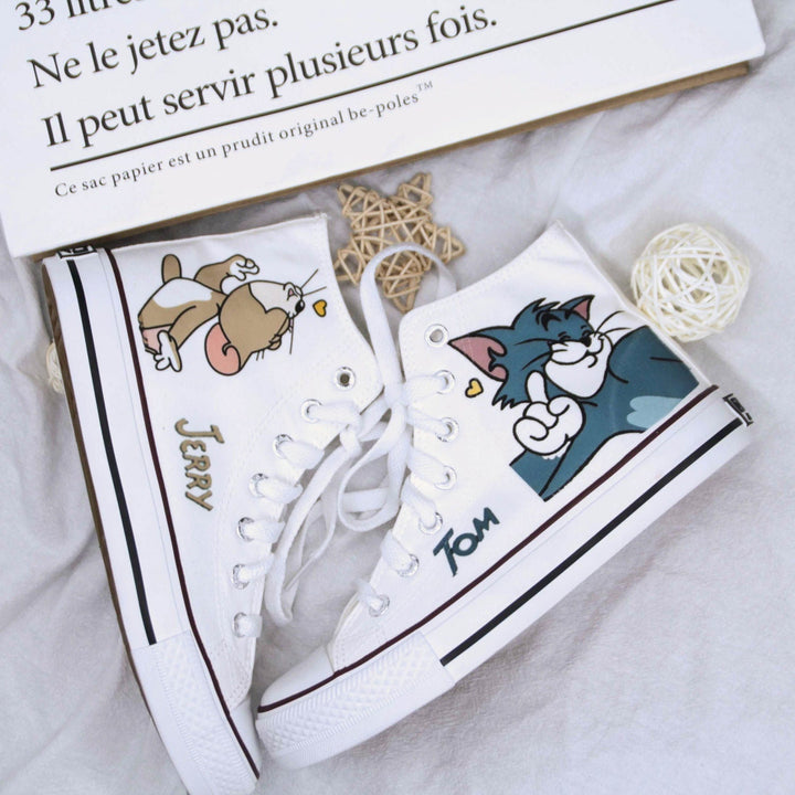 Womens Cartoon Cute Cat Mouse Print Canvas Shoes