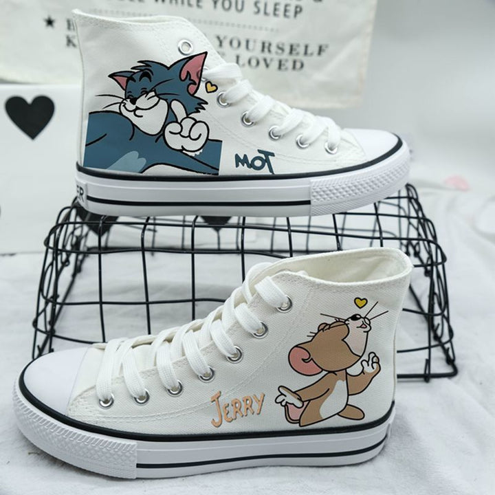 Womens Cartoon Cute Cat Mouse Print Canvas Shoes