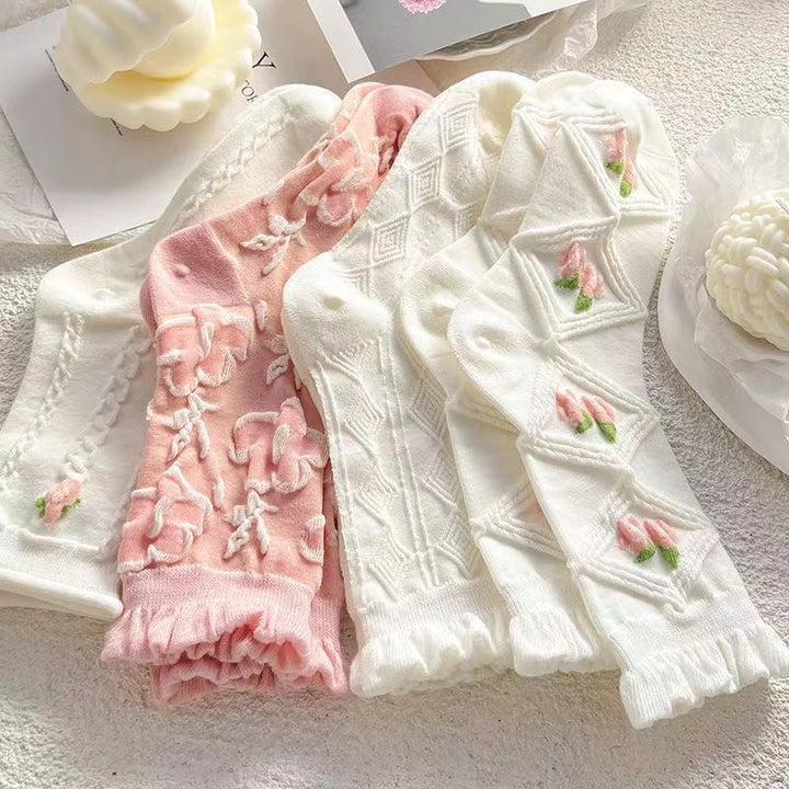 5 Pairs Pink Flower Socks for Women