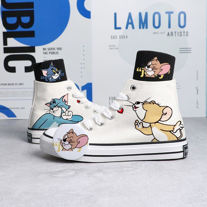 Womens Cartoon Cute Cat Mouse Print Canvas Shoes