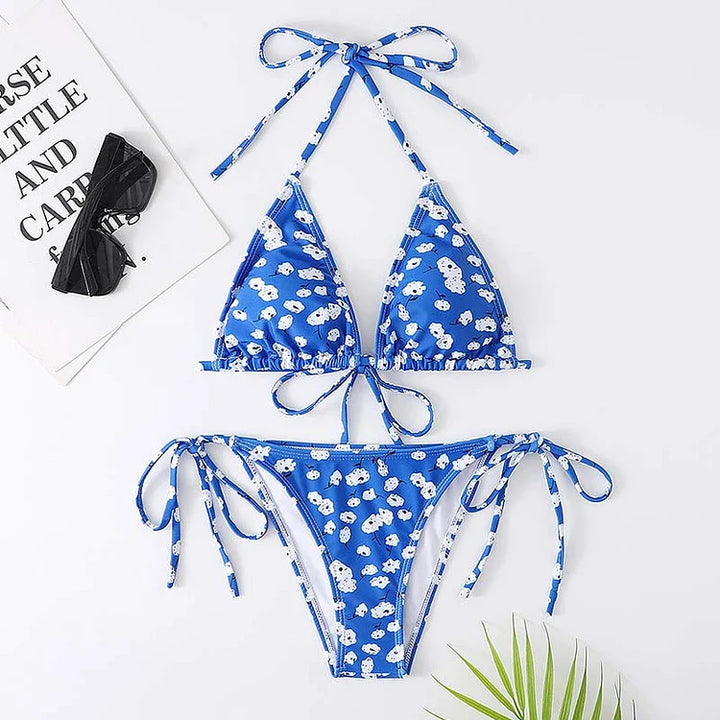 Cute Lace Up Floral Print Bikini Two Pieces Swimsuit