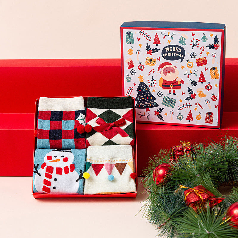 Cute Christmas Cartoon Mid-calf Cotton Socks 4pc Gift set