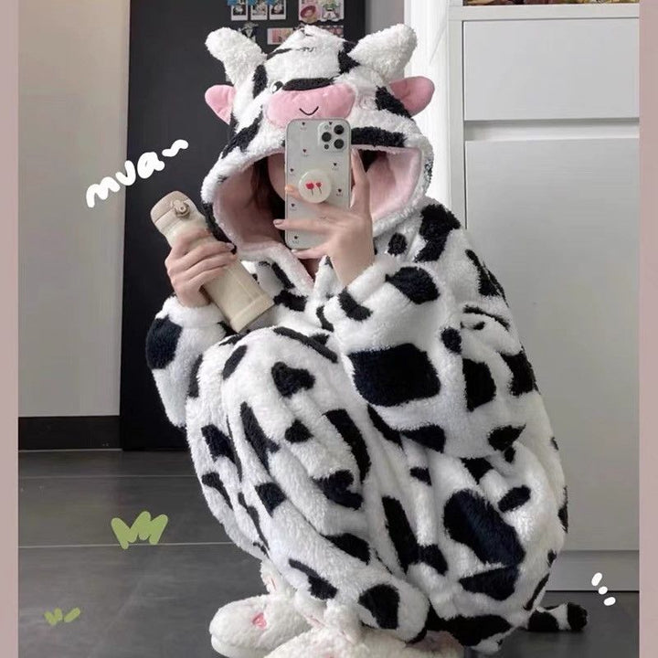 Cute Cow Print Winter Fleece Pajamas Loungewear Set