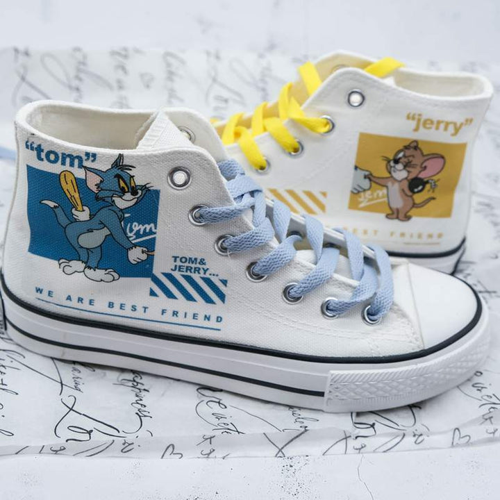 Womens Cartoon Cute Cat Mouse Print Canvas Shoes
