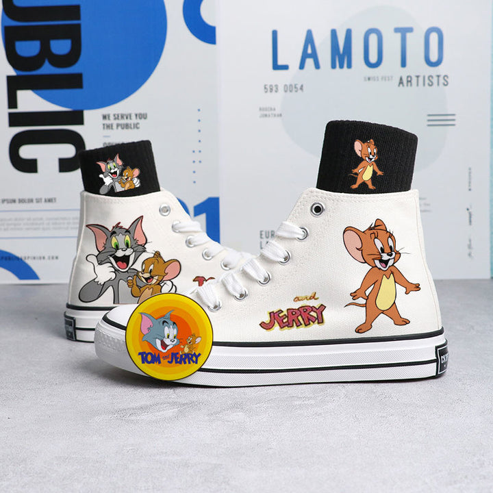 Womens Cartoon Cute Cat Mouse Print Canvas Shoes