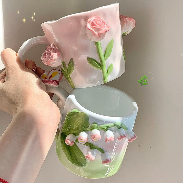 Elegant Handmade 3D Embossed Hand Painted Floral Mugs Gift