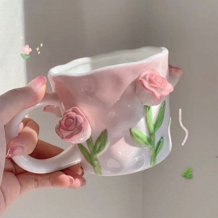 Elegant Handmade 3D Embossed Hand Painted Floral Mugs Gift