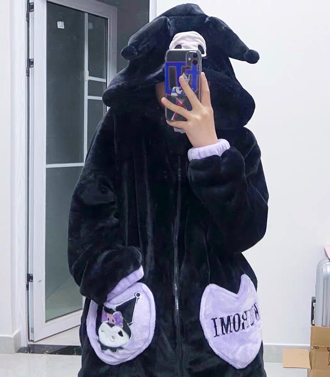 Womens Cute Kuromi Fleece Winter Pajamas Sets