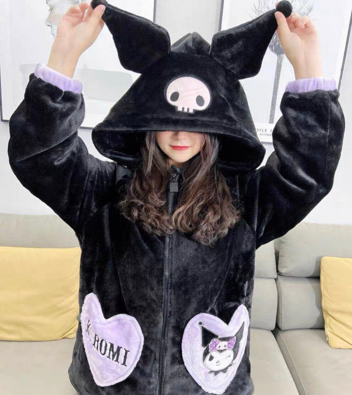 Womens Cute Kuromi Fleece Winter Pajamas Sets