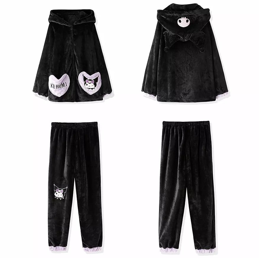 Womens Cute Kuromi Fleece Winter Pajamas Sets