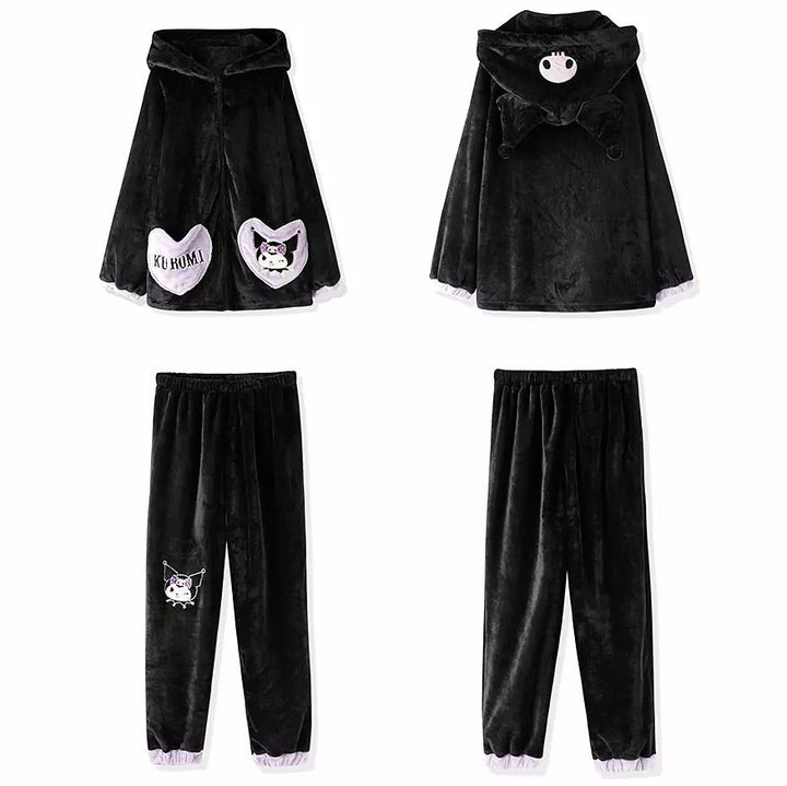 Womens Cute Kuromi Fleece Winter Pajamas Sets