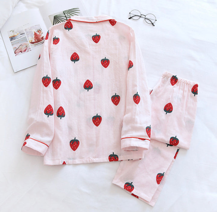 Woman Teenage Nightwear Cute Strawberry Pajamas Sets with Long Sleeve