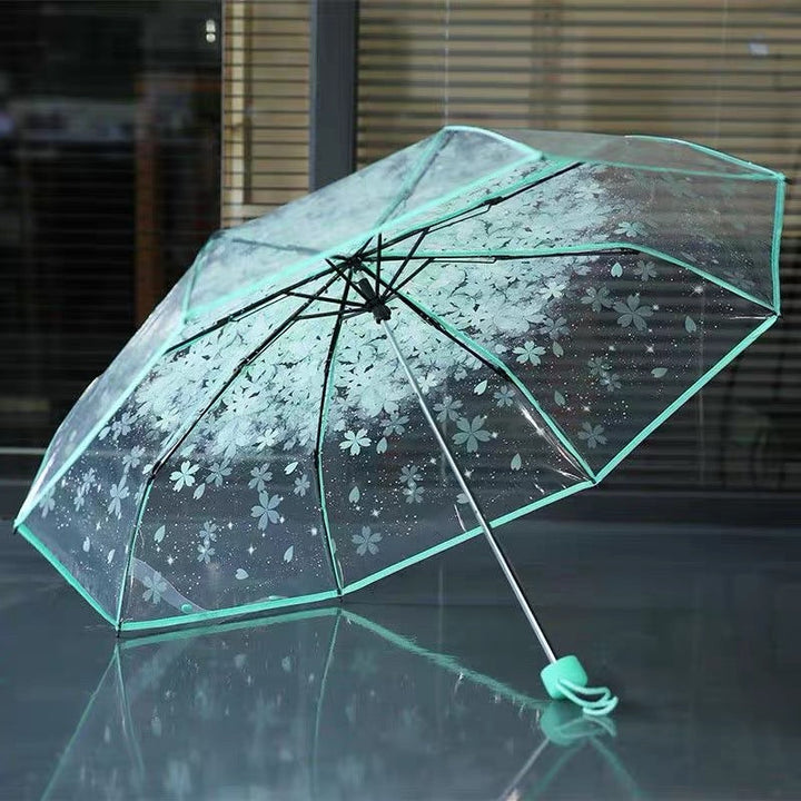Three Fold Umbrella Transparent Clear Cherry Blossom Mushroom Sakura Folding Sunshade Rain Umbrellas