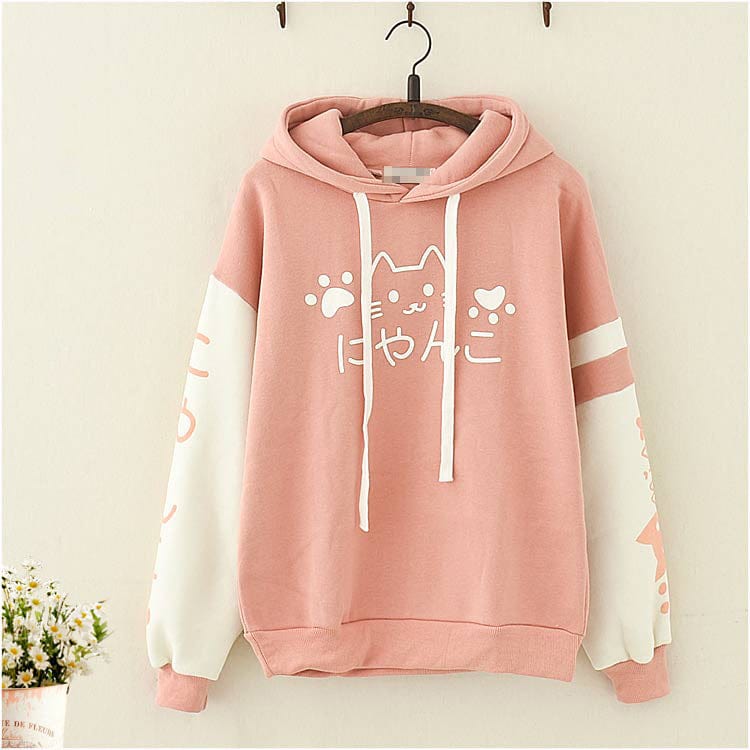 Kawaii Hoodie Cute Cat Meow Women Girl Long Sleeve Japanese Sweatshirt Pullover