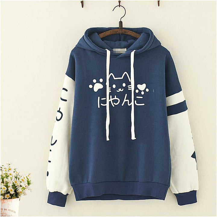 Kawaii Hoodie Cute Cat Meow Women Girl Long Sleeve Japanese Sweatshirt Pullover