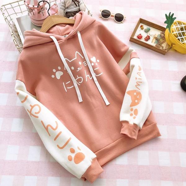 Kawaii Hoodie Cute Cat Meow Women Girl Long Sleeve Japanese Sweatshirt Pullover