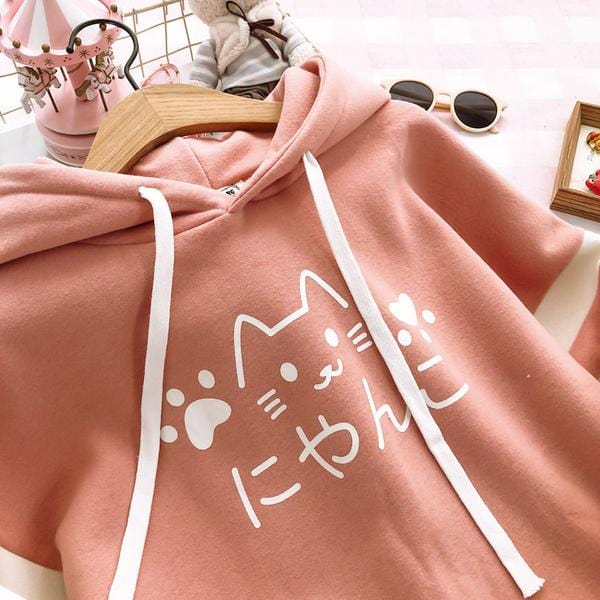 Kawaii Hoodie Cute Cat Meow Women Girl Long Sleeve Japanese Sweatshirt Pullover