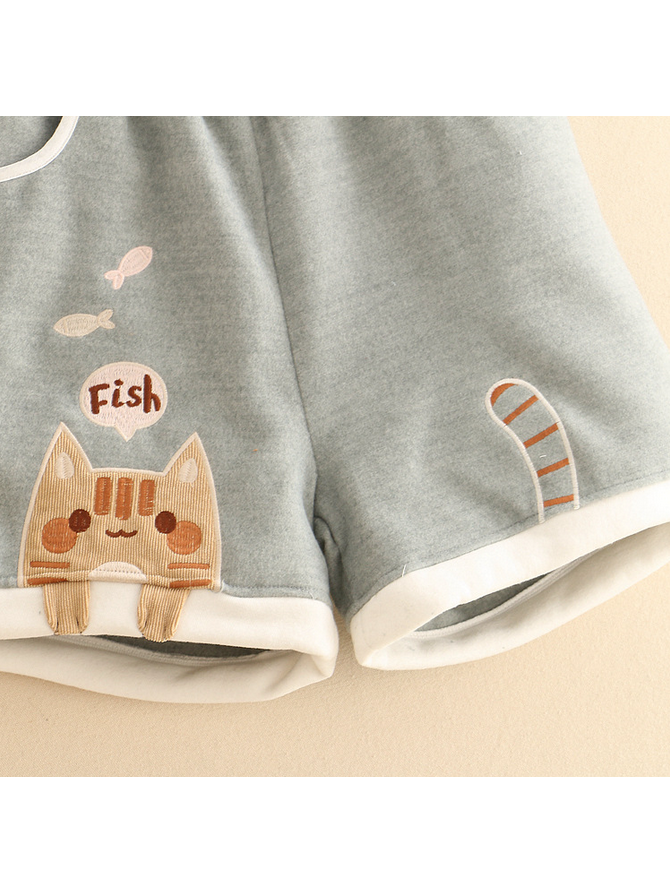 Cat Fish Embroidery Shorts