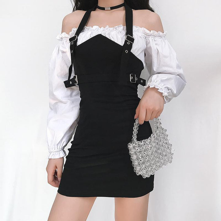 Alt style Off The Shoulder Ruffle Fake Two-Piece Short Dress