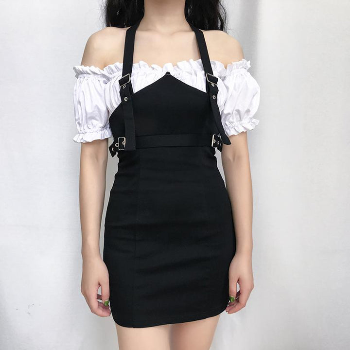 Alt style Off The Shoulder Ruffle Fake Two-Piece Short Dress