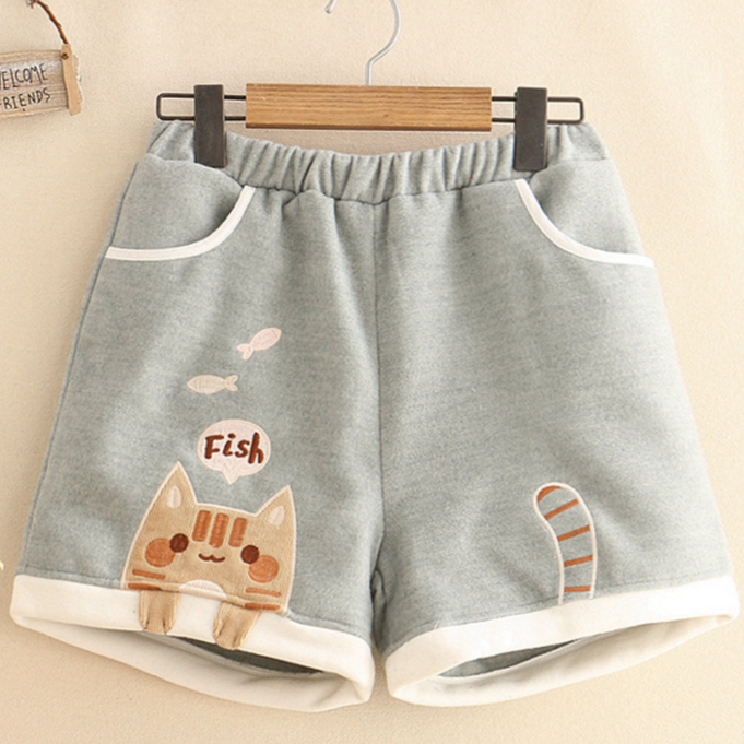 Cat Fish Embroidery Shorts