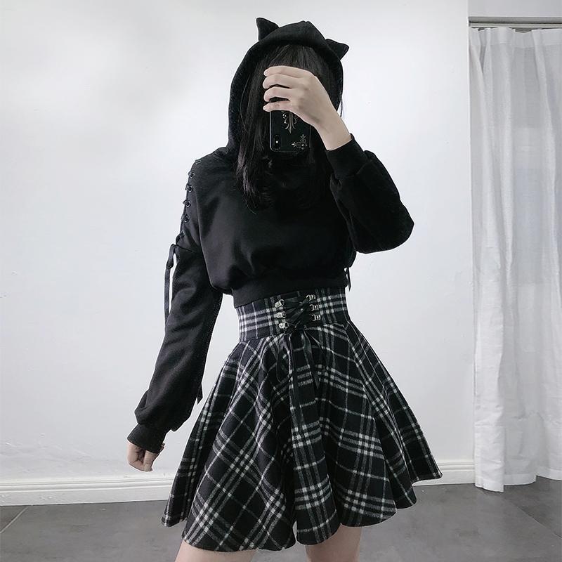 Cat Ears Lace Up Hoodie Skirt