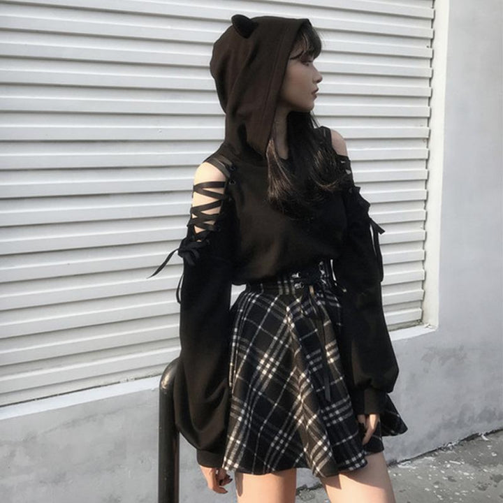 Cat Ears Lace Up Hoodie Skirt