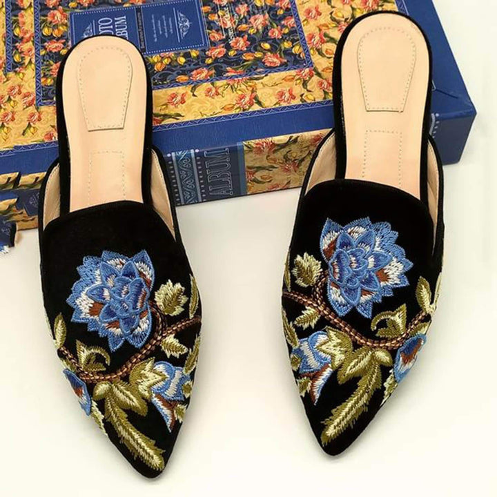 Women Flower Embroidery Mule Flats Shoes