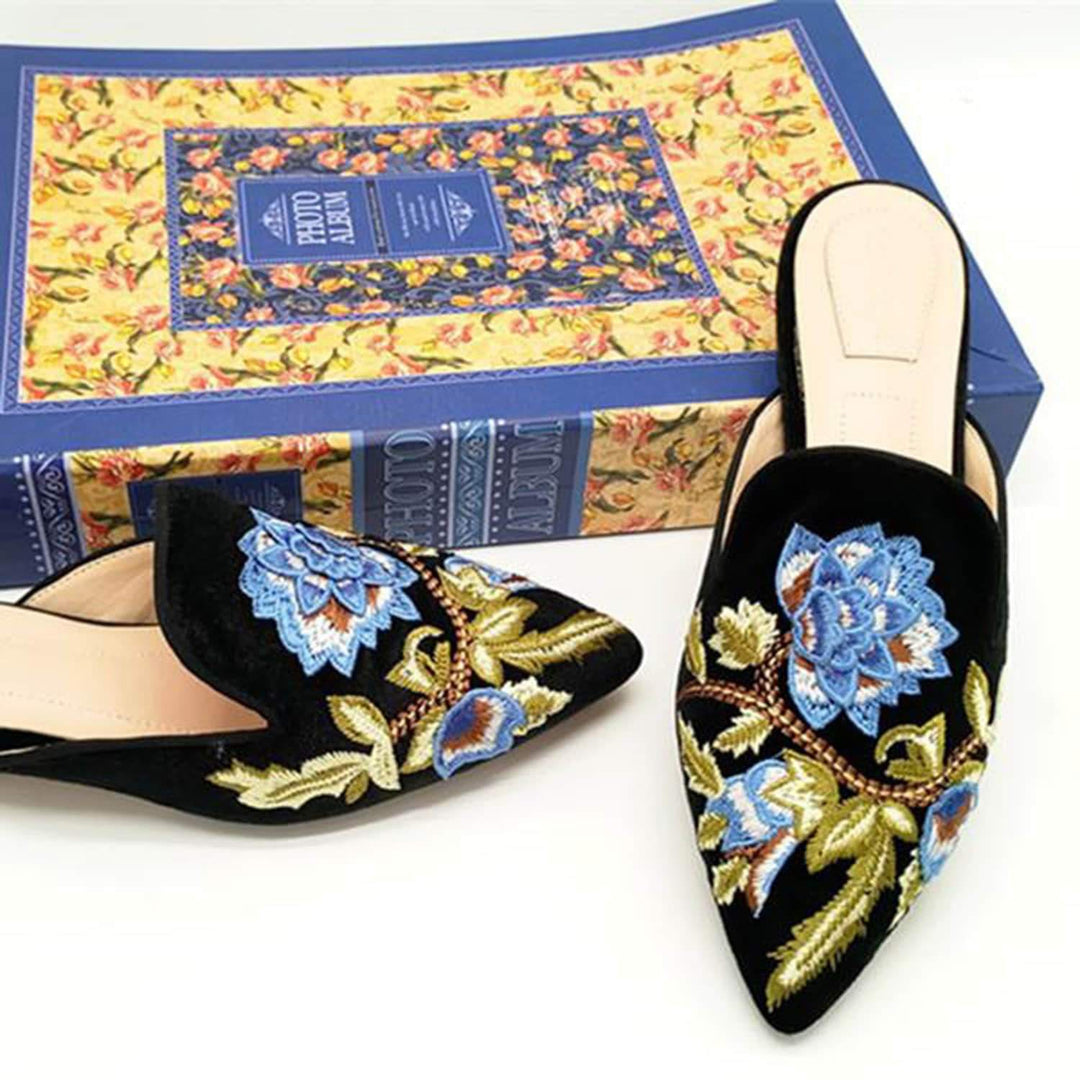 Women Flower Embroidery Mule Flats Shoes