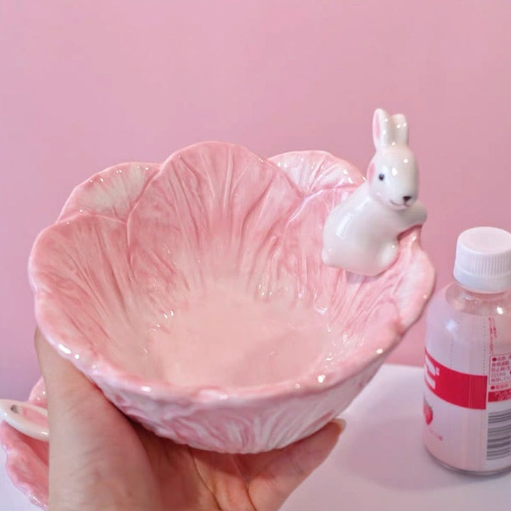 Pink Bunny Bowl & Spoon Fruit Salad Rabbit Bowl Lovely Rabbit Rice Bowl