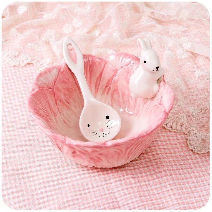 Pink Bunny Bowl & Spoon Fruit Salad Rabbit Bowl Lovely Rabbit Rice Bowl