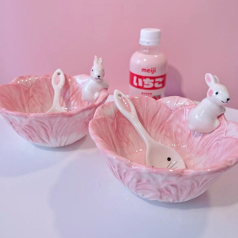 Pink Bunny Bowl & Spoon Fruit Salad Rabbit Bowl Lovely Rabbit Rice Bowl