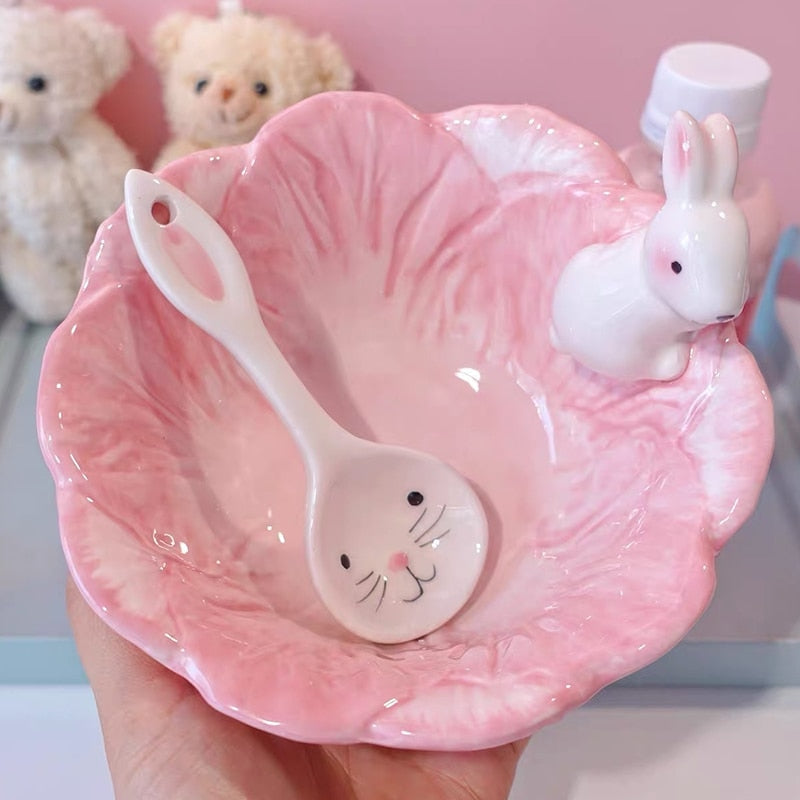 Pink Bunny Bowl & Spoon Fruit Salad Rabbit Bowl Lovely Rabbit Rice Bowl