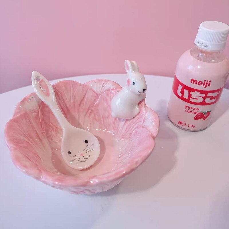 Pink Bunny Bowl & Spoon Fruit Salad Rabbit Bowl Lovely Rabbit Rice Bowl