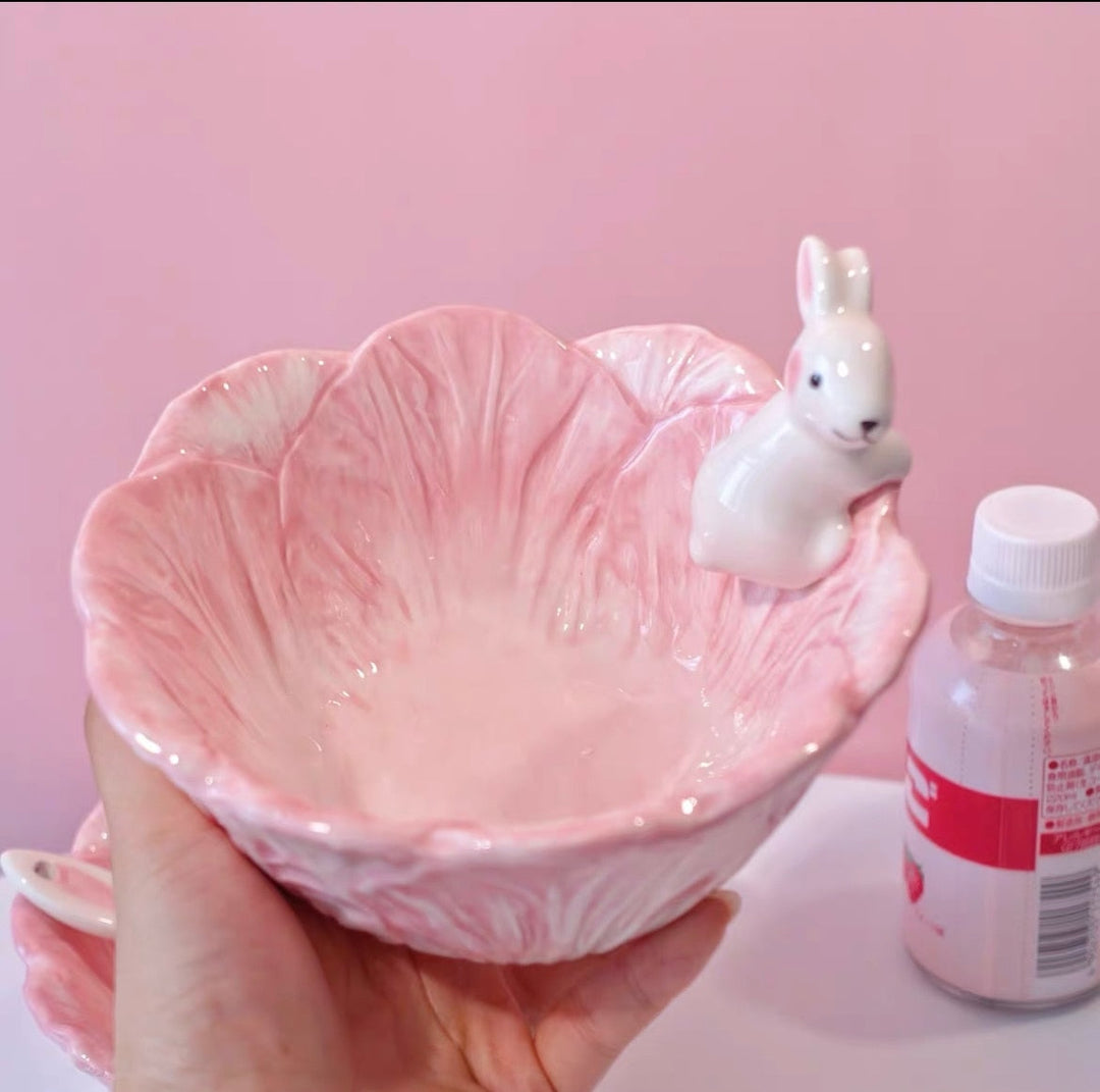 Pink Bunny Bowl & Spoon Fruit Salad Rabbit Bowl Lovely Rabbit Rice Bowl