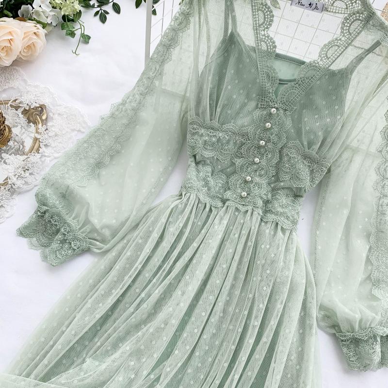 Vintage Aesthetic High Waist Lace Mesh Long Dress – ubekeen