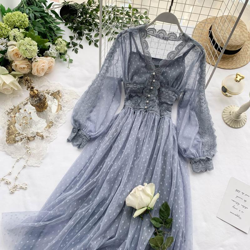 Vintage Aesthetic High Waist Lace Mesh Long Dress