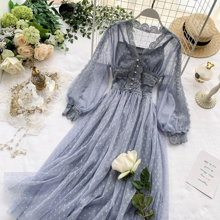 Vintage Aesthetic High Waist Lace Mesh Long Dress