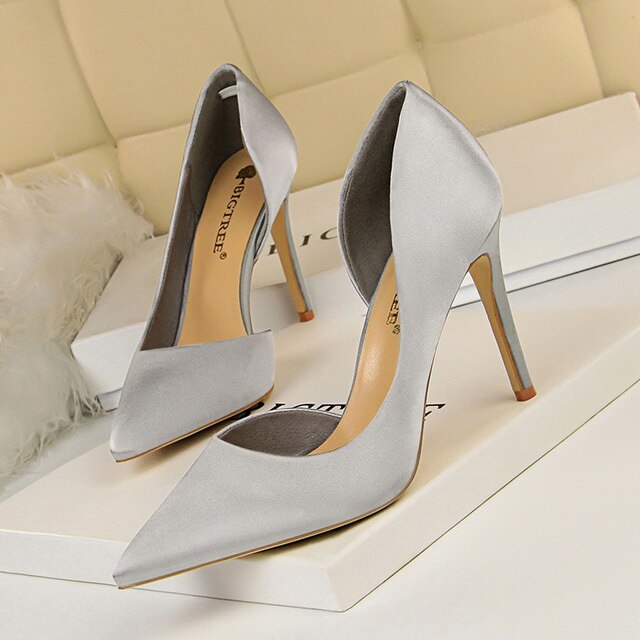 Women Satin Pointed Toe High Heels Dress Wedding Shoes