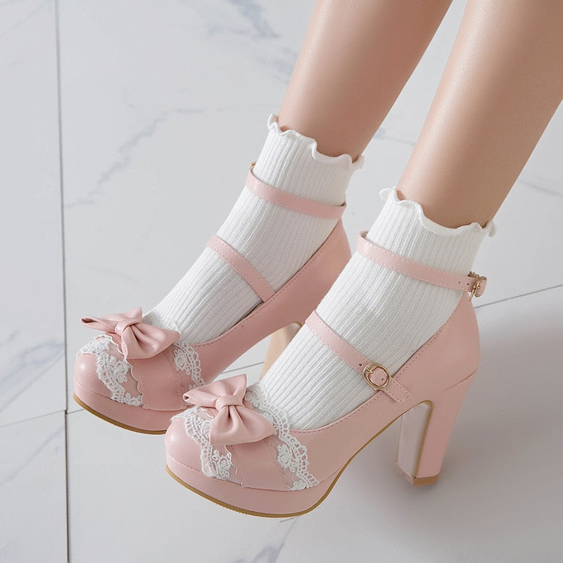 Cute Bow Lace Mary Jane Lolita High Heels