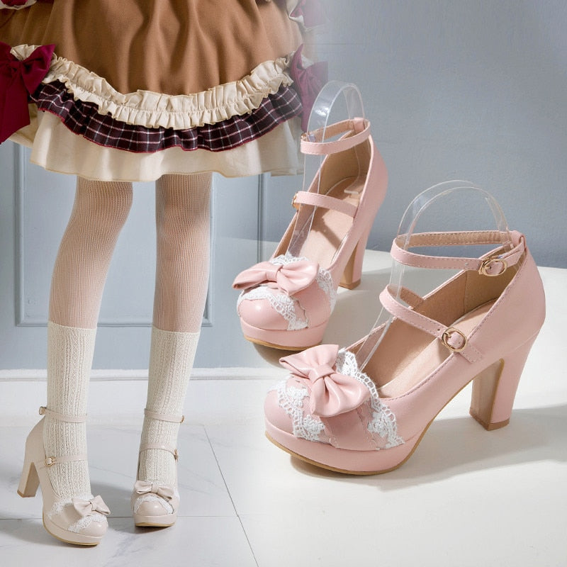 Cute Bow Lace Mary Jane Lolita High Heels