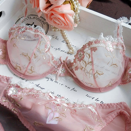 Sweet Embroidery Transparent Lace Bra Set