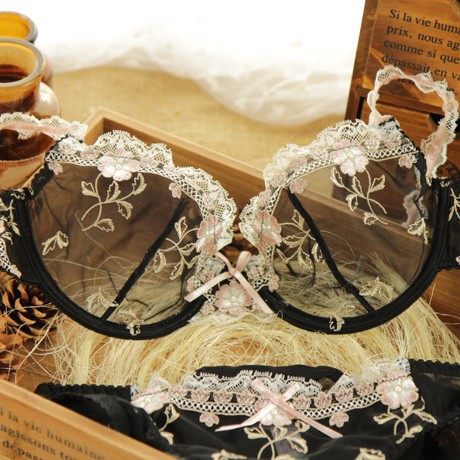 Sweet Embroidery Transparent Lace Bra Set