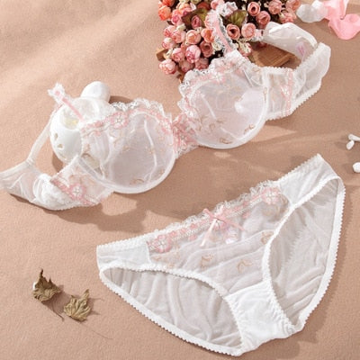 Sweet Embroidery Transparent Lace Bra Set